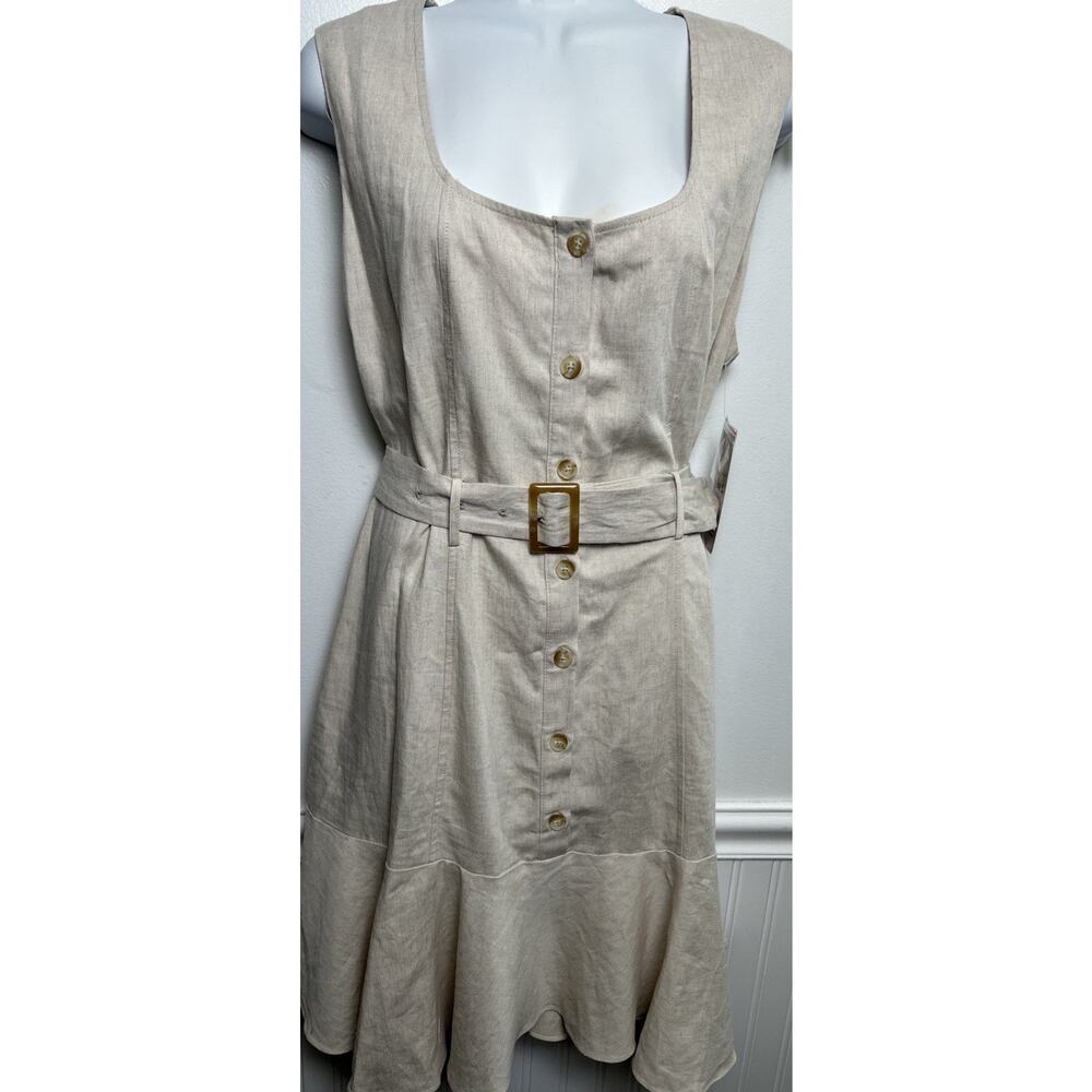 NANETTE LEPORE Womens 12 Tan Belted Fit Flare Dress Sleeveless Linen Blend New